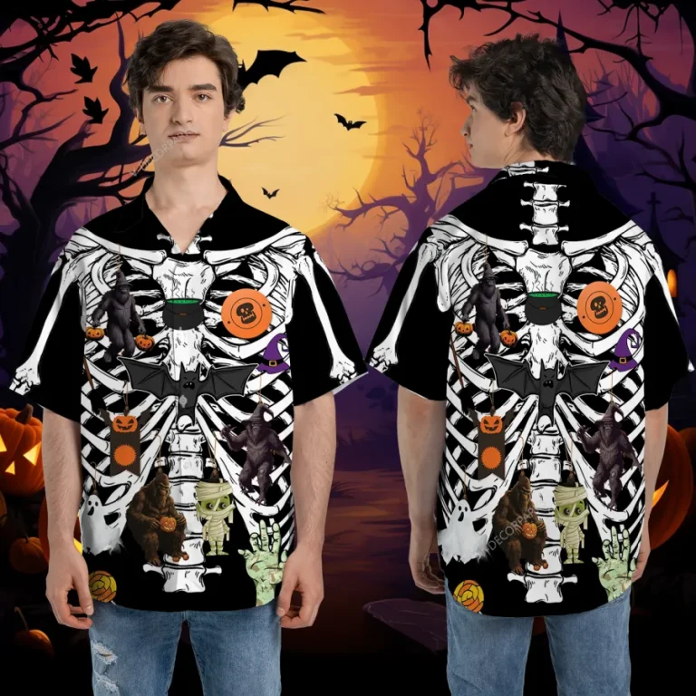 Horror Bone Halloween Unisex Hawaiian Shirts, Funny Bigfoot Patterned Shirt, Horror Icon Aloha Shirt, Halloween Gift For Men And Women