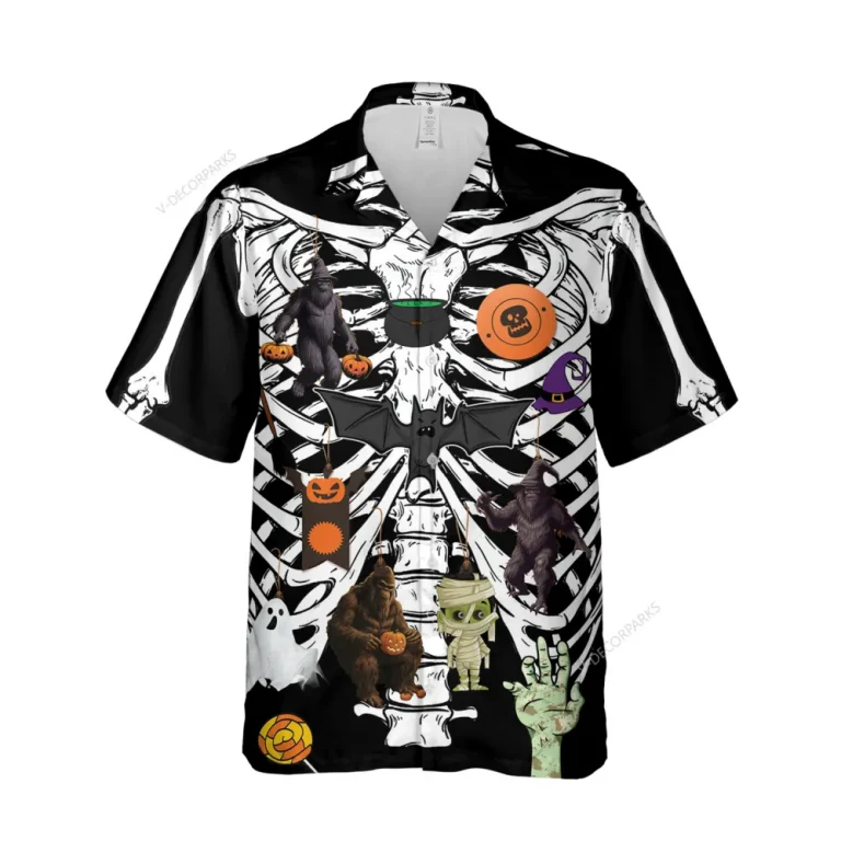 Horror Bone Halloween Unisex Hawaiian Shirts, Funny Bigfoot Patterned Shirt, Horror Icon Aloha Shirt, Halloween Gift For Men And Women