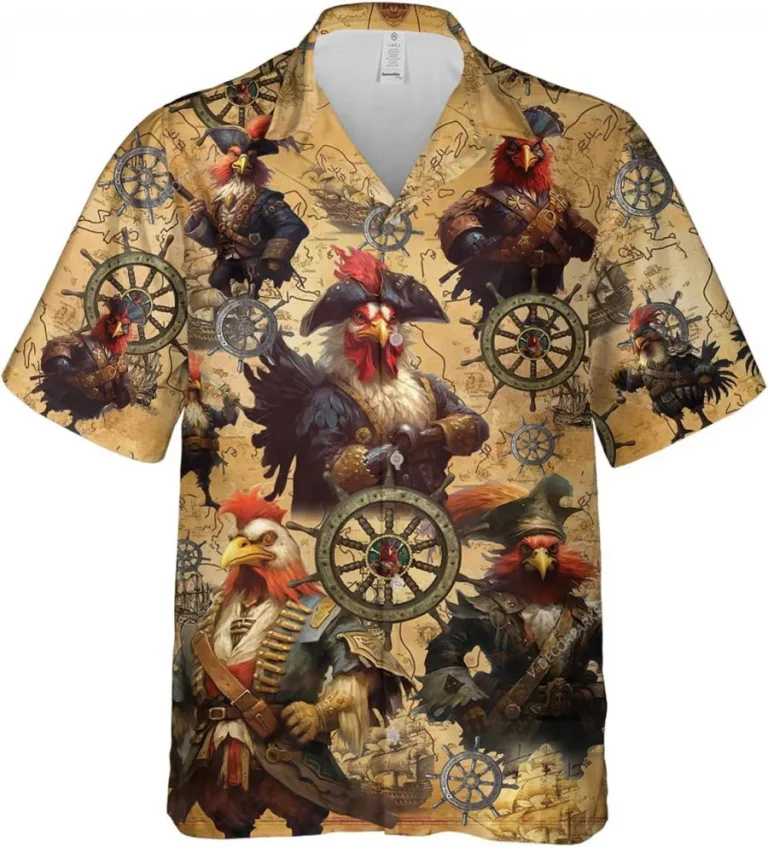 Steampunk Pirate Chicken Hawaiian Shirts For Men, Button Vintage Aloha Hawaii Shirt, Steampunk Hawaiian Style Shirts, Summer Vacation Hawaiian Shirt