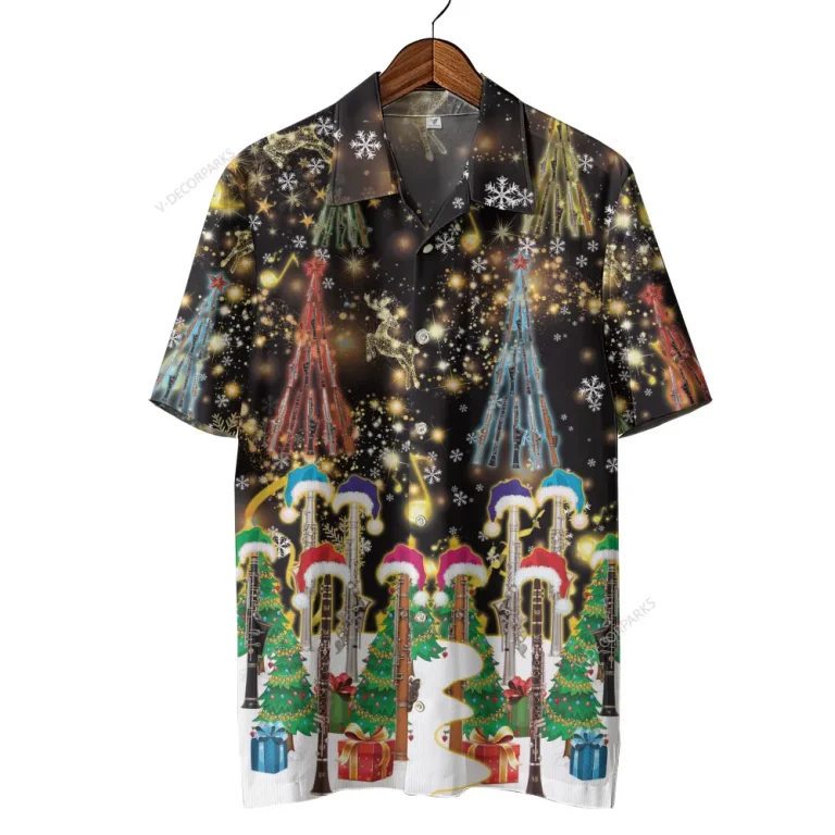 Xmas Clarinet Trumpet Button Down Hawaiian Shirt, Holy Singing Button Down Shirt, Music Lover Aloha Shirt, Christmas-themed Aloha Shirt