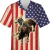 American Flag Bull Riding Hawaiian Shirts For Men, Western Cowboy Casual Button Down Summer Beach Shirt, American Flag Shirt, Short Sleeve Aloha Shirt