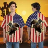 American Flag Bull Riding Hawaiian Shirts For Men, Western Cowboy Casual Button Down Summer Beach Shirt, American Flag Shirt, Short Sleeve Aloha Shirt