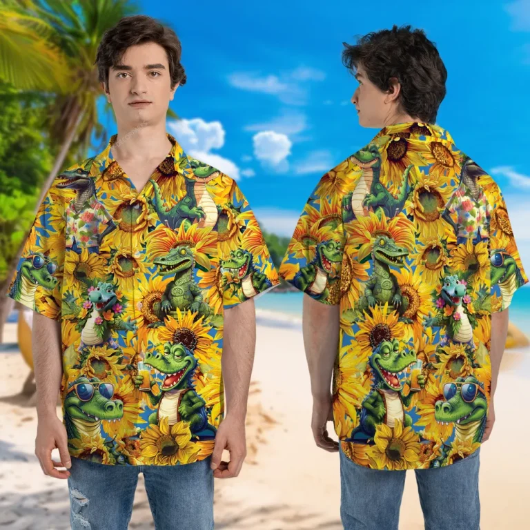 Hula Crocodile Unisex Hawaiian Shirt, Sunflower Garden Aloha Button Down Shirt, Reptile Printed Clothing, Floral Shirt, Thankful Gift