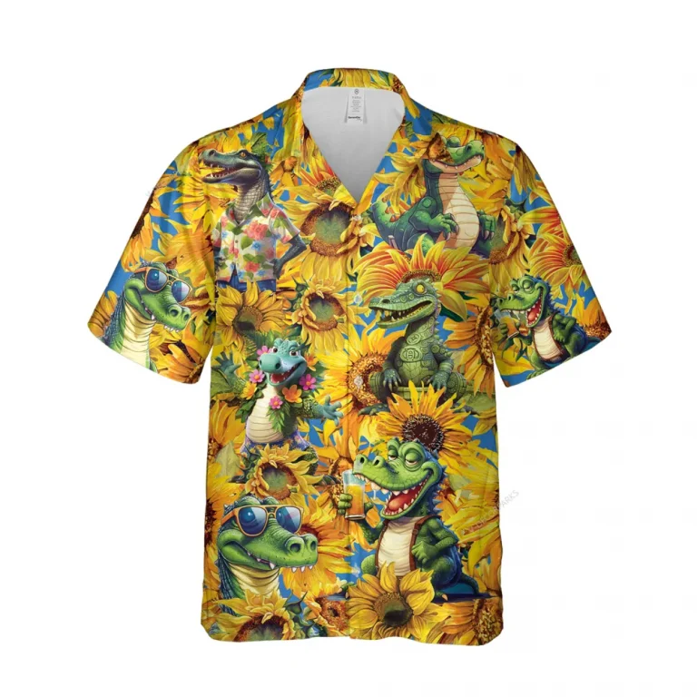 Hula Crocodile Unisex Hawaiian Shirt, Sunflower Garden Aloha Button Down Shirt, Reptile Printed Clothing, Floral Shirt, Thankful Gift