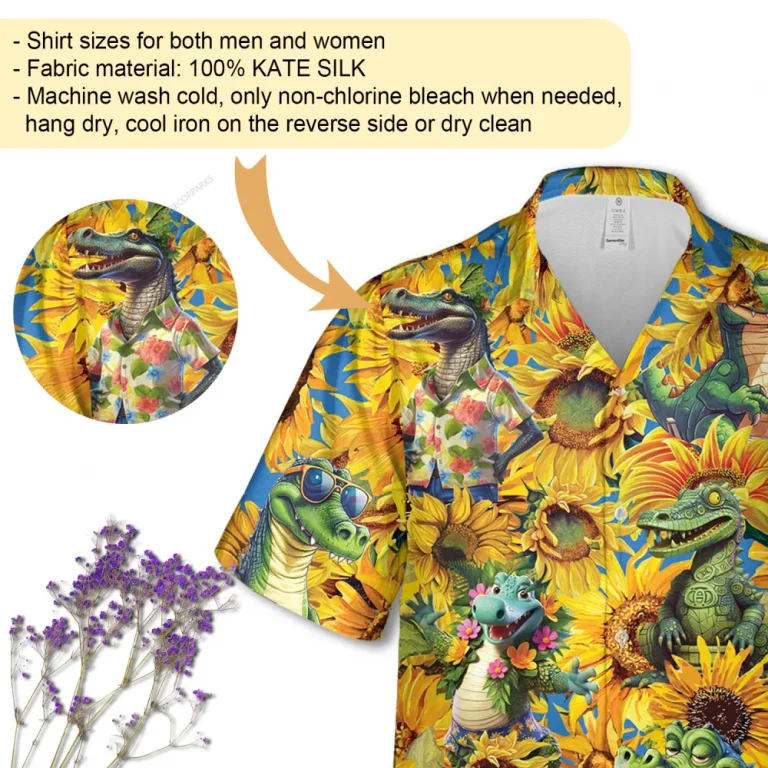 Hula Crocodile Unisex Hawaiian Shirt, Sunflower Garden Aloha Button Down Shirt, Reptile Printed Clothing, Floral Shirt, Thankful Gift