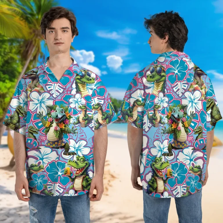Funky Crocodile Unisex Hawaiian Shirt, Flower Silhouette Aloha Button Down Shirt, Summer Family Matching Clothing, Relaxed Fit
