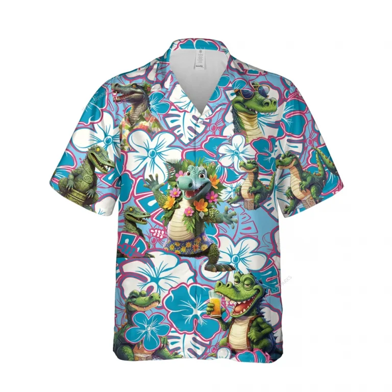 Funky Crocodile Unisex Hawaiian Shirt, Flower Silhouette Aloha Button Down Shirt, Summer Family Matching Clothing, Relaxed Fit