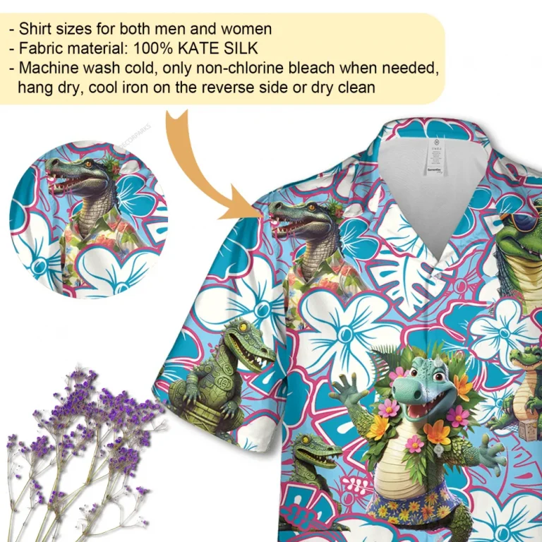 Funky Crocodile Unisex Hawaiian Shirt, Flower Silhouette Aloha Button Down Shirt, Summer Family Matching Clothing, Relaxed Fit