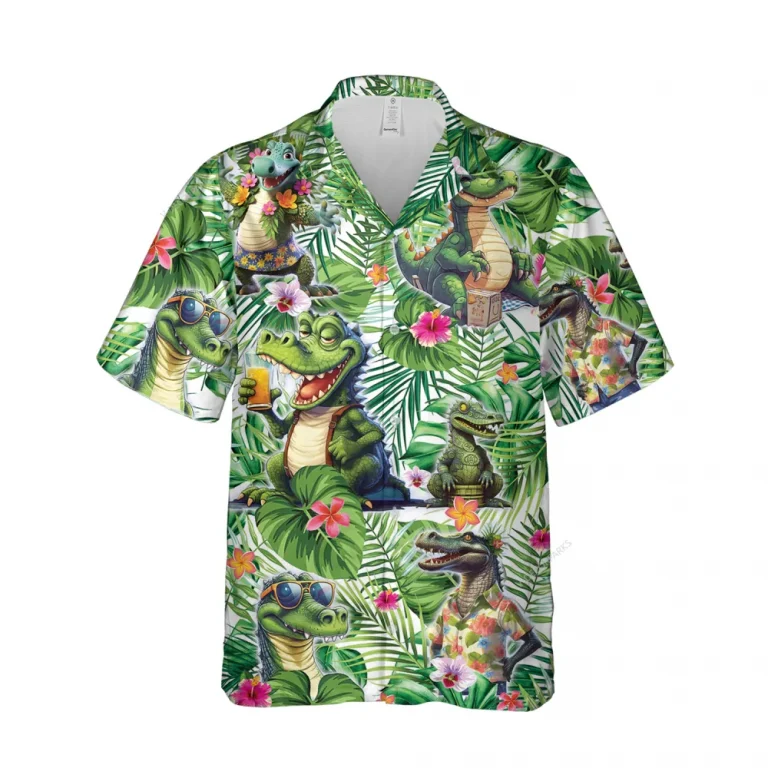 Forest Crocodile Unisex Hawaiian Shirt, Tropical Leaves Printed Shirt, Floral Lover Aloha Button Down Shirt, Animated 3d Clothing