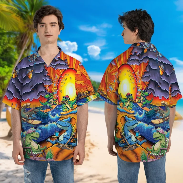 Dinosaur Surfing Unisex Hawaiian Shirt, Jurassic Patterned Beach Shirt, Sunset Printed Aloha Clothing, Planet Galaxy Hawaii Button Down