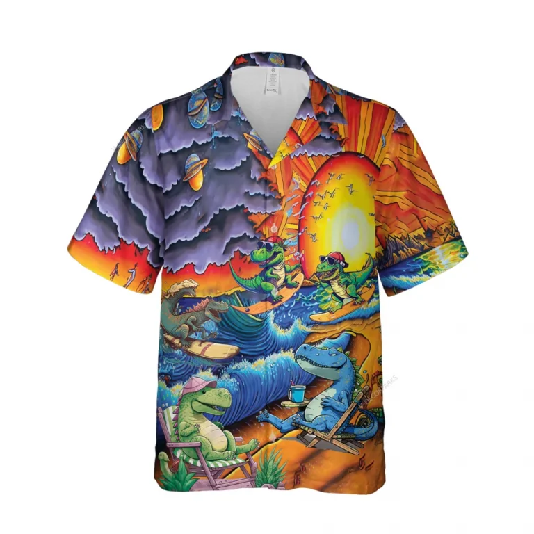 Dinosaur Surfing Unisex Hawaiian Shirt, Jurassic Patterned Beach Shirt, Sunset Printed Aloha Clothing, Planet Galaxy Hawaii Button Down