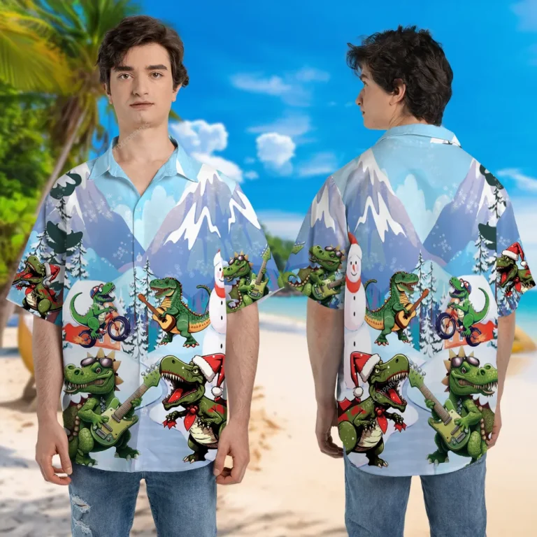 Christmas Dinosaur Unisex Hawaiian Shirt, Santa Clause Dino Printed Shirt, Cool Snowman Button-up Shirt, Summer Beach Vibes Aloha Clothing