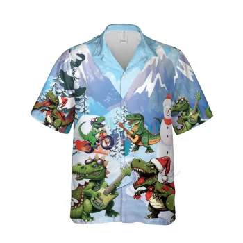 Christmas Dinosaur Unisex Hawaiian Shirt, Santa Clause Dino Printed Shirt, Cool Snowman Button-up Shirt, Summer Beach Vibes Aloha Clothing