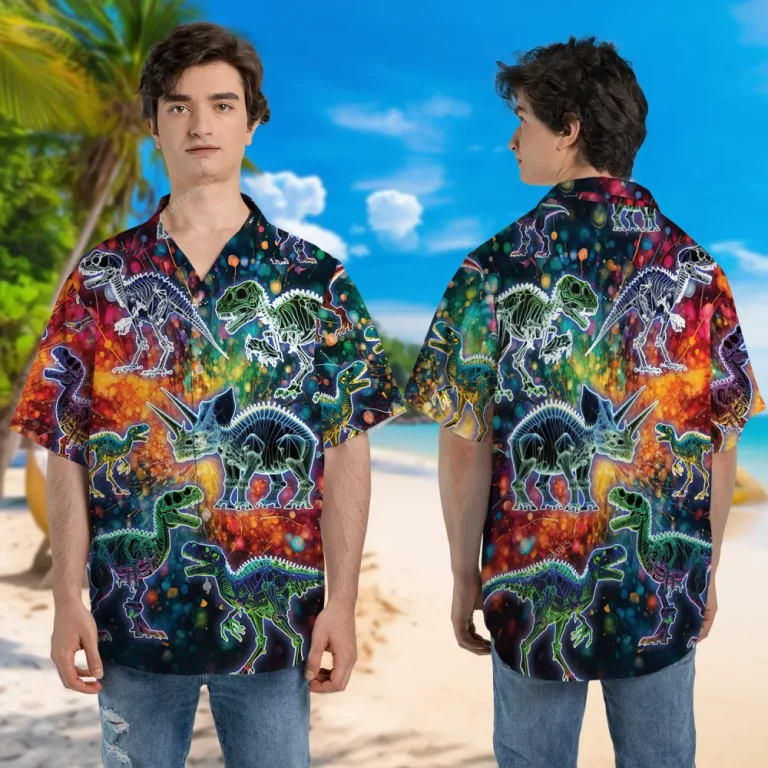 Neon Dinosaur Fossils Hawaiian Shirt, Vibrant Galaxy Patterned Beach Shirt, Archeologist Gift, Summer Clothing, Spooky Skeleton Printed Aloha Shirt
