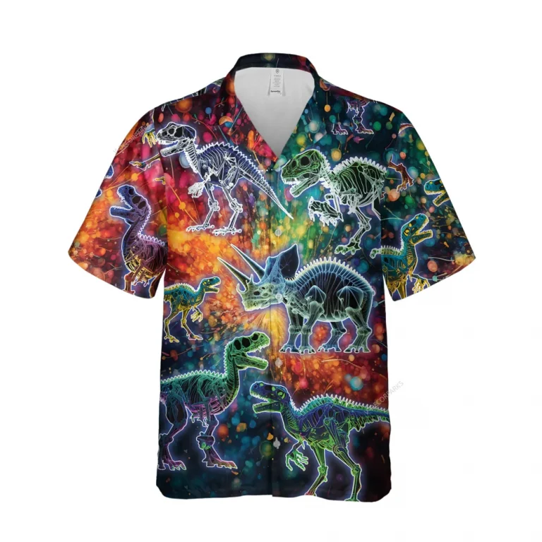 Neon Dinosaur Fossils Hawaiian Shirt, Vibrant Galaxy Patterned Beach Shirt, Archeologist Gift, Summer Clothing, Spooky Skeleton Printed Aloha Shirt
