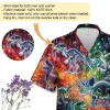 Neon Dinosaur Fossils Hawaiian Shirt, Vibrant Galaxy Patterned Beach Shirt, Archeologist Gift, Summer Clothing, Spooky Skeleton Printed Aloha Shirt