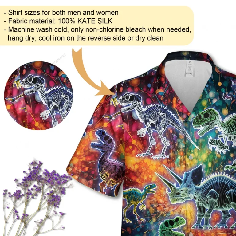 Neon Dinosaur Fossils Hawaiian Shirt, Vibrant Galaxy Patterned Beach Shirt, Archeologist Gift, Summer Clothing, Spooky Skeleton Printed Aloha Shirt