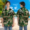 Xmas Dinosaur Fossils Hawaiian Shirt, Vibrant Pine Tree Patterned Beach Shirt, Archeologist Gift, Christmas Printed Aloha Shirt