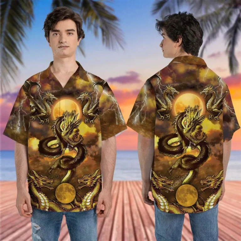 Asian Golden Dragon And The Moon Hawaiian Shirt For Men, Dragon Short Sleeve Button Down Hawaiian Shirt, Aloha Beach Shirt, Summer Shirt, Gift For Him