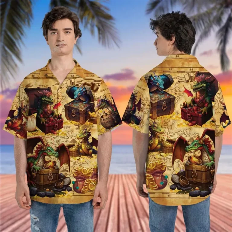 Dragon And Treasure Hawaiian Shirts For Men, Dragon Button Vintage Aloha Hawaii Shirt, Casual Printed Beach Summer Shirt, Button Down Hawaiian Shirt