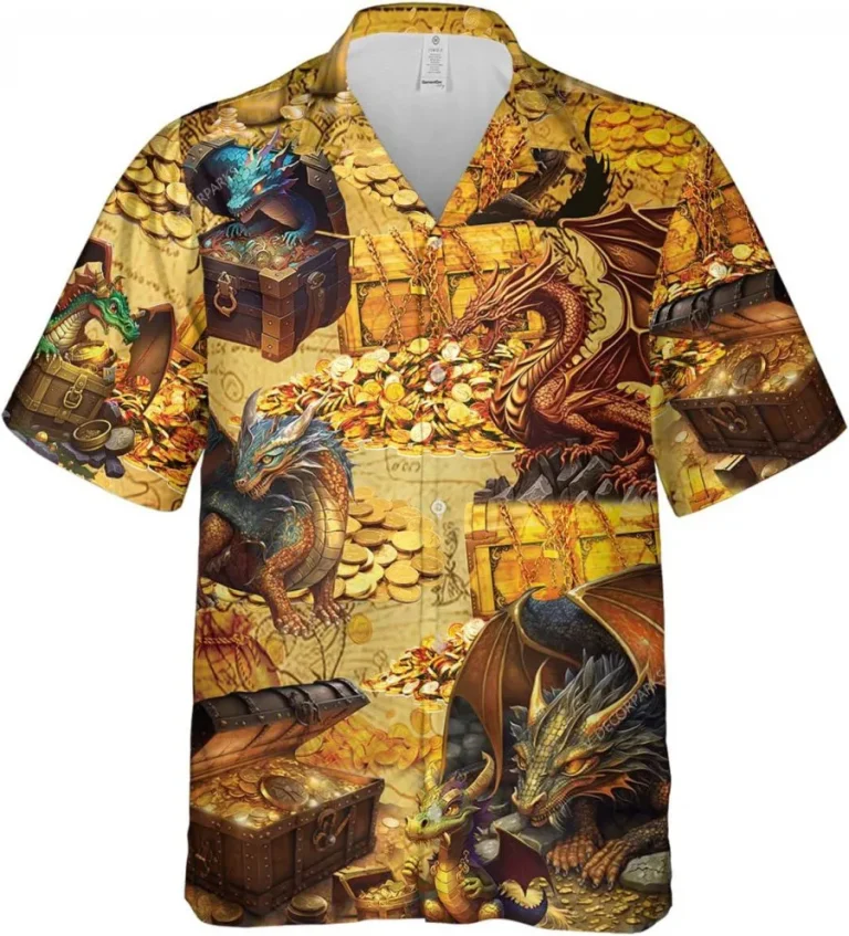 Mythical Dragon And Gold Treasure Hawaiian Shirts, Dragon Short Sleeve Casual Button Down Tropical Beach Shirt, Hawaiian Style Shirt, Aloha Shirt