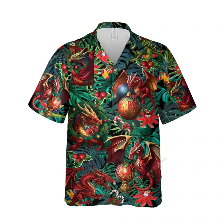 Red Dragon Fire Unisex Hawaiian Shirt, Christmas Bell Aloha Button Down Short Sleeves, Xmas Decor Patterned Shirt, Tropical Summer Beach Shirt