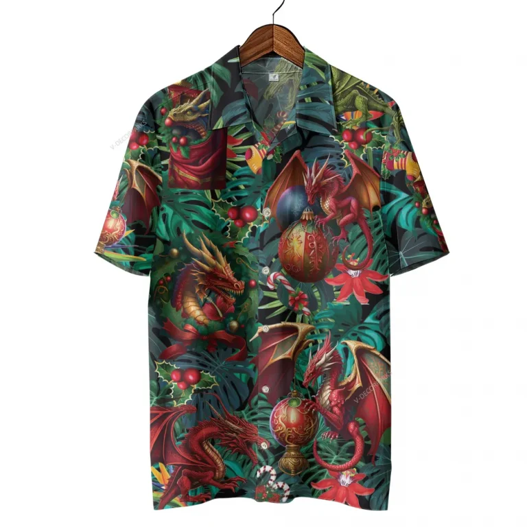 Red Dragon Fire Unisex Hawaiian Shirt, Christmas Bell Aloha Button Down Short Sleeves, Xmas Decor Patterned Shirt, Tropical Summer Beach Shirt