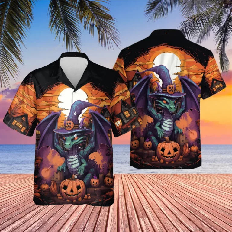 Funny Dragon Halloween Unisex Hawaiian Shirts, Pumpkin Village Pattern Shirt, Witch Aloha Shirt, Halloween Costume For Men And Women