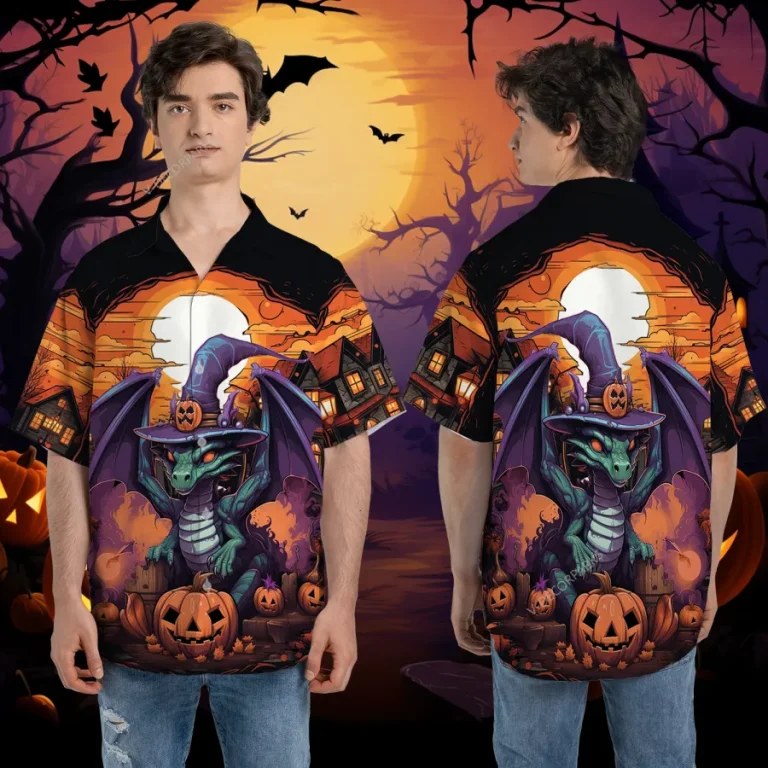 Funny Dragon Halloween Unisex Hawaiian Shirts, Pumpkin Village Pattern Shirt, Witch Aloha Shirt, Halloween Costume For Men And Women