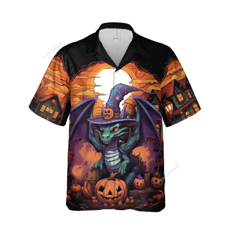 Funny Dragon Halloween Unisex Hawaiian Shirts, Pumpkin Village Pattern Shirt, Witch Aloha Shirt, Halloween Costume For Men And Women
