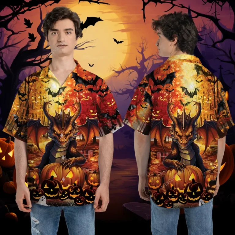 Horror Dragon Halloween Unisex Hawaiian Shirts, Bat Forest Pattern Shirt, Fall Vibe Aloha Shirt, Halloween Costume For Men And Women