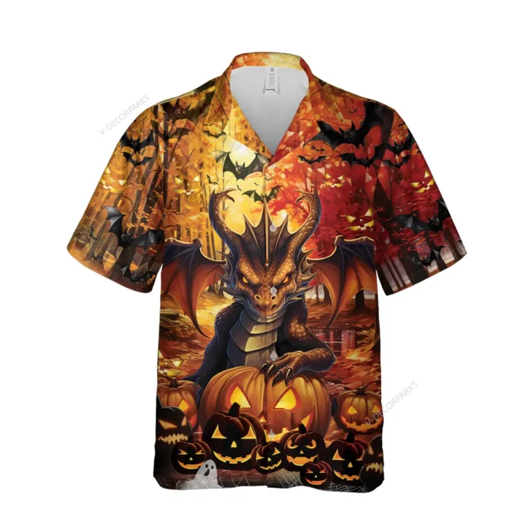 Horror Dragon Halloween Unisex Hawaiian Shirts, Bat Forest Pattern Shirt, Fall Vibe Aloha Shirt, Halloween Costume For Men And Women