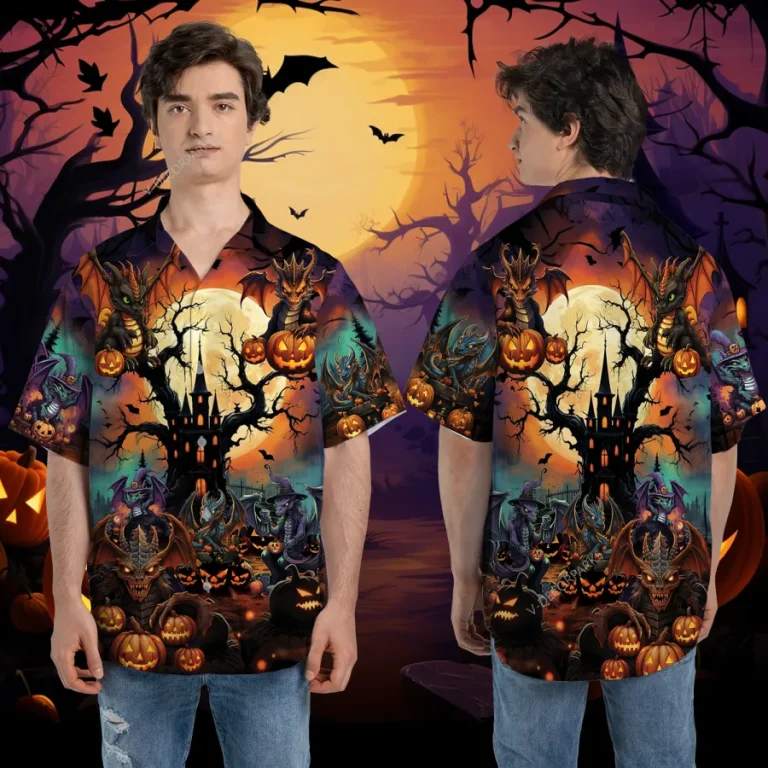 Creepy Dragons Halloween Unisex Hawaiian Shirts, Mythical Character Pattern Shirt, Witch Aloha Shirt, Halloween Costume For Men And Women