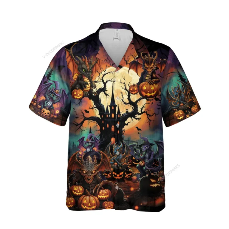 Creepy Dragons Halloween Unisex Hawaiian Shirts, Mythical Character Pattern Shirt, Witch Aloha Shirt, Halloween Costume For Men And Women