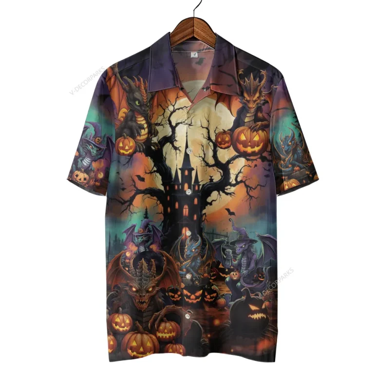 Creepy Dragons Halloween Unisex Hawaiian Shirts, Mythical Character Pattern Shirt, Witch Aloha Shirt, Halloween Costume For Men And Women