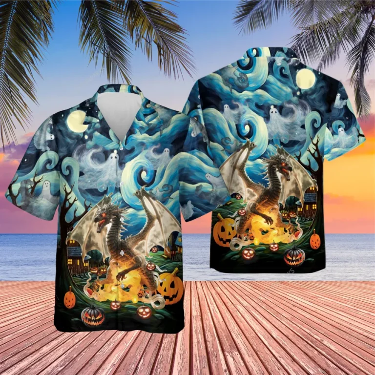 Mysterious Dragon Halloween Unisex Hawaiian Shirts, Starry Ghost Night Pattern Shirt, Wicked Pumpkin Aloha Shirt, Halloween Costume, Family Matching Shirt