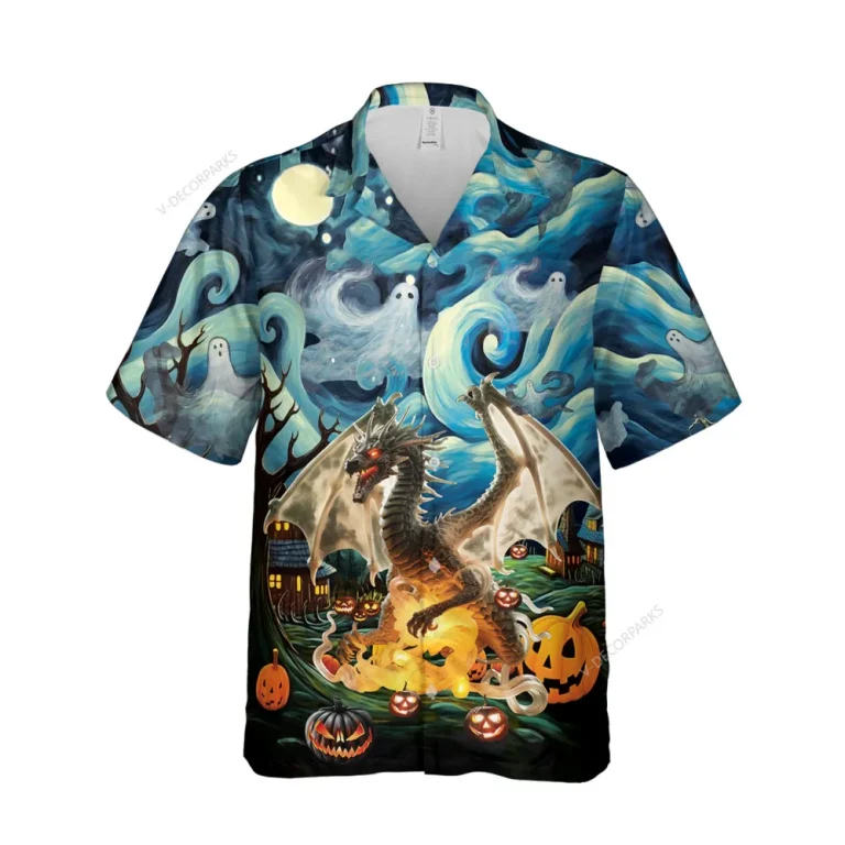 Mysterious Dragon Halloween Unisex Hawaiian Shirts, Starry Ghost Night Pattern Shirt, Wicked Pumpkin Aloha Shirt, Halloween Costume, Family Matching Shirt