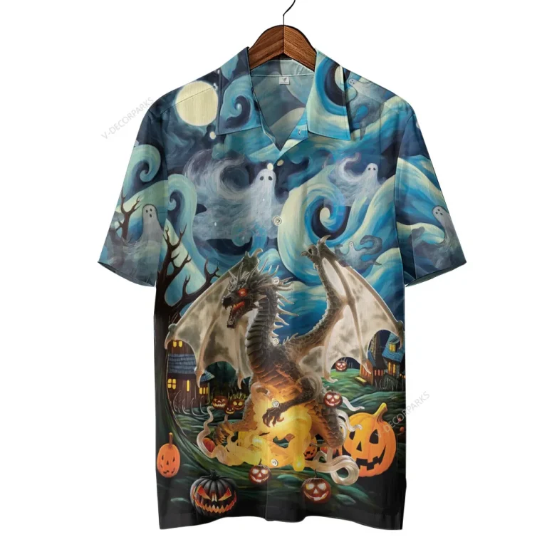 Mysterious Dragon Halloween Unisex Hawaiian Shirts, Starry Ghost Night Pattern Shirt, Wicked Pumpkin Aloha Shirt, Halloween Costume, Family Matching Shirt
