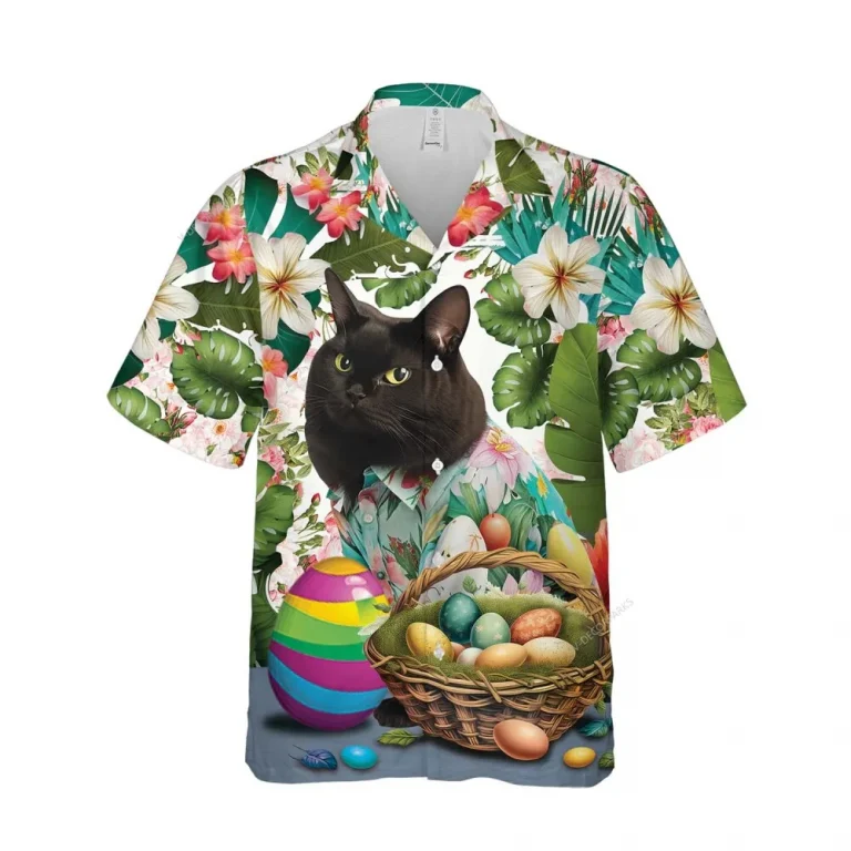 Black Easter Cat Hawaii Shirt For Everyone, Tropical Floral Forest Patterned Aloha Button Down Shirt, Nature Lover Printed Clothing