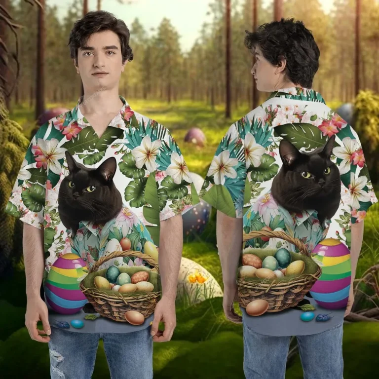 Black Easter Cat Hawaii Shirt For Everyone, Tropical Floral Forest Patterned Aloha Button Down Shirt, Nature Lover Printed Clothing