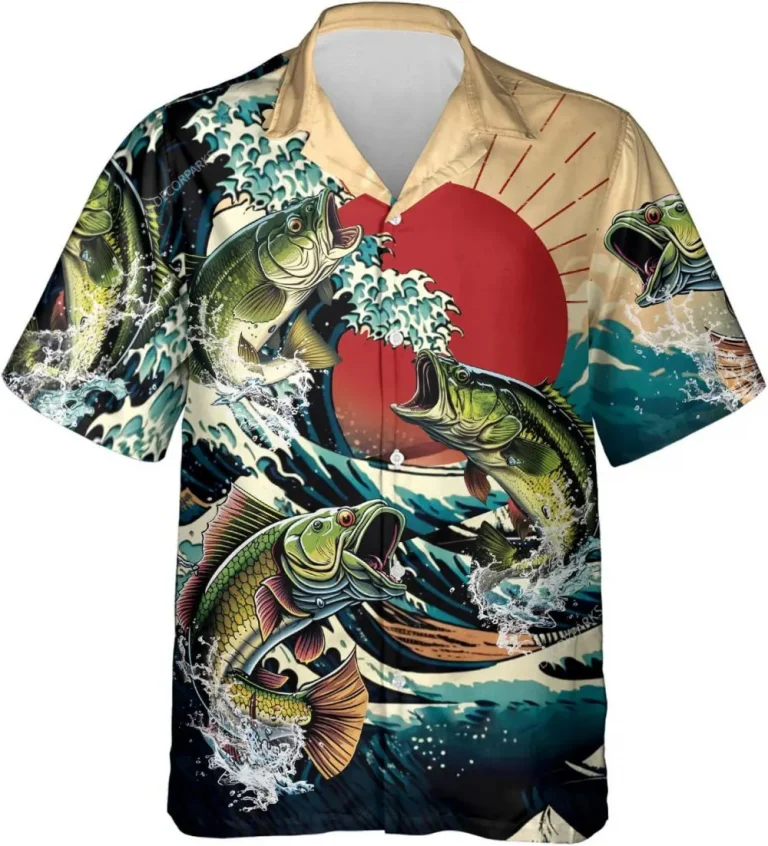 Bass Fishing With Waves And Sunset Hawaiian Shirts For Men, Fishing Lovers Men's Casual Button Down Short Sleeve Shirts, Aloha Beach Shirt