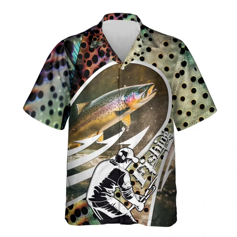 Trout Fish Pattern Hawaiian Shirt, Summer Vibes Short Sleeve Shirt, Fish Lover Aloha Beach Shirts, Casual Wear, Fisherman Patterned Top