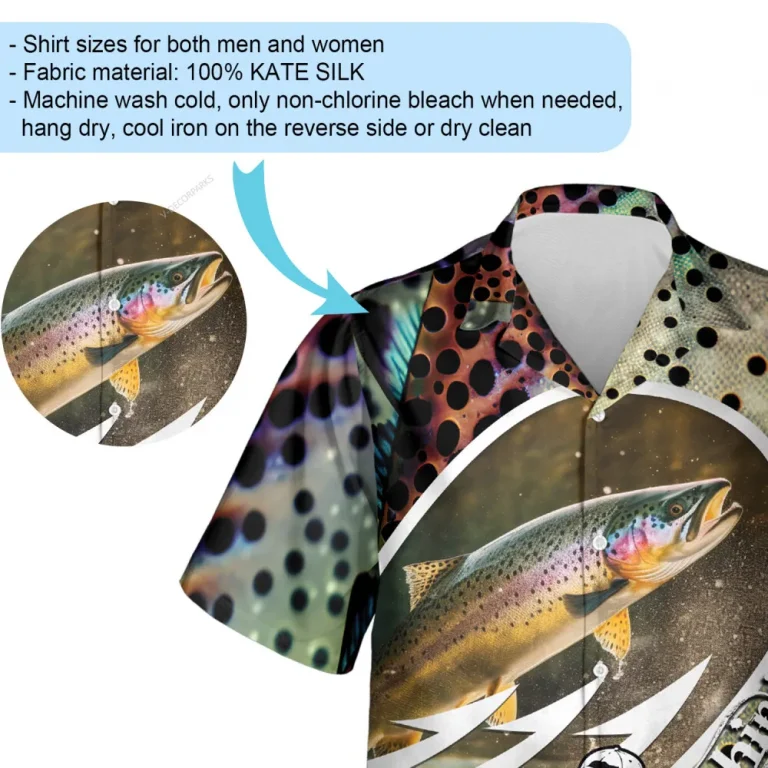 Trout Fish Pattern Hawaiian Shirt, Summer Vibes Short Sleeve Shirt, Fish Lover Aloha Beach Shirts, Casual Wear, Fisherman Patterned Top