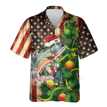 Christmas Salmon Hawaiian Printed Short Sleeve, Us Flag Casual Button Down Shirt, Xmas Vibe Unisex Shirt For Family, Hawaiian Shirts For Men Women