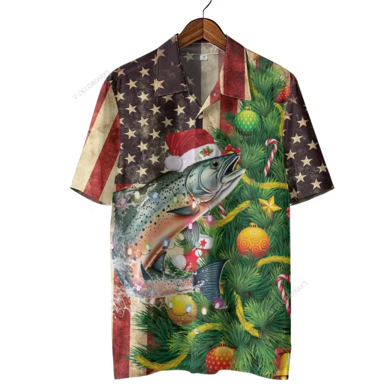 Christmas Salmon Hawaiian Printed Short Sleeve, Us Flag Casual Button Down Shirt, Xmas Vibe Unisex Shirt For Family, Hawaiian Shirts For Men Women