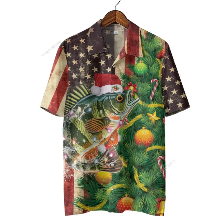 Perch Fishing Pattern Hawaiian Shirt, Summer Beach Aloha Shirt, Christmas Hat Aloha Beach Shirts, Casual Clothing, Us Flag Patterned Top