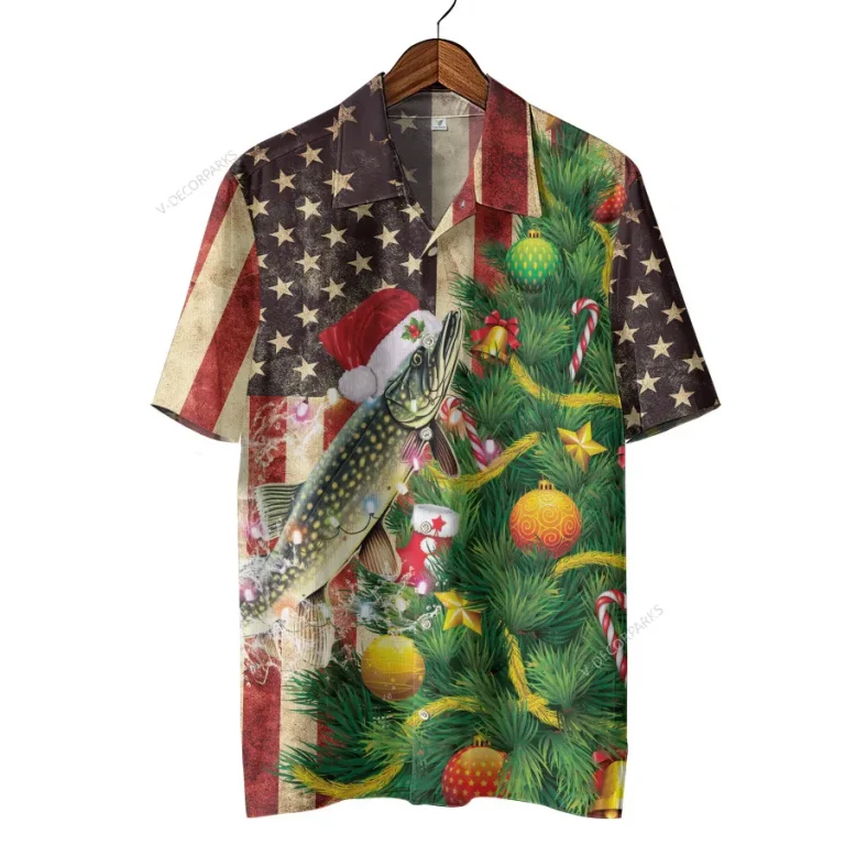 Pike Fish Pattern Hawaiian Shirt, Christmas Vibes Short Sleeve Shirt, Fish Lover Aloha Beach Shirts, Casual Clothing, Us Flag Patterned Top