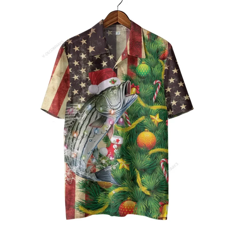 3d Bass Fish Unisex Hawaiian Shirt, Us Patriot Casual Button Down Shirt, National Flag Aloha Unisex Shirt For Family, Hawaiian Shirts For Christmas