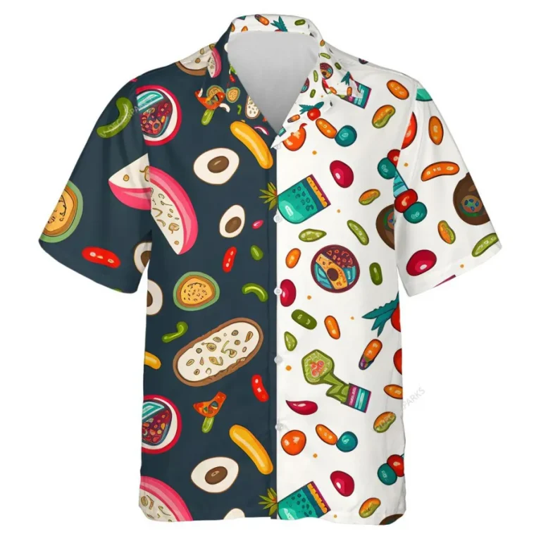 Vintage Food Icon Unisex Hawaiian Shirt, 90s Aloha Shirt, Funny Symbols Shirt, Cute Animated Shirt, Aloha Summer Gift, Beach Party Gifts
