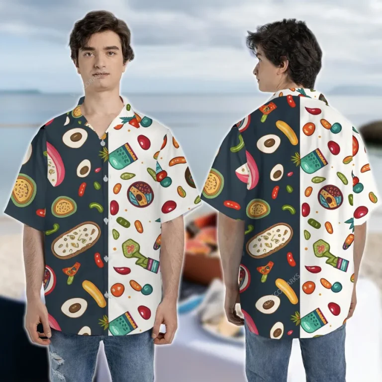 Vintage Food Icon Unisex Hawaiian Shirt, 90s Aloha Shirt, Funny Symbols Shirt, Cute Animated Shirt, Aloha Summer Gift, Beach Party Gifts